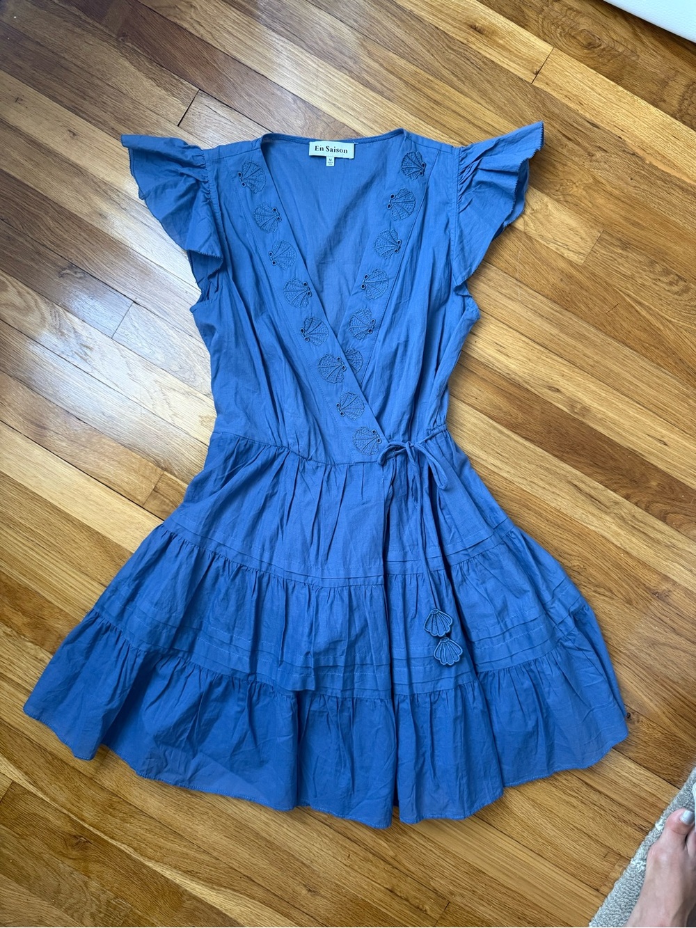 En Saison Blue Tiered Wrap Dress with Tassel Tie